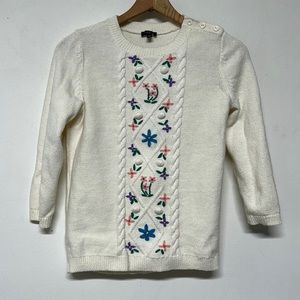 Talbots Floral Embroidery Cottage Grandma Sweater 3/4 Sleeve Creamy White